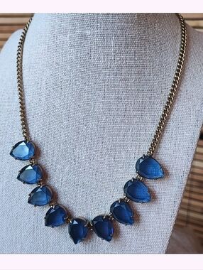 J. Crew Brand Signed Teardrop Faceted Sapphire Blue Glass Statement Necklace
